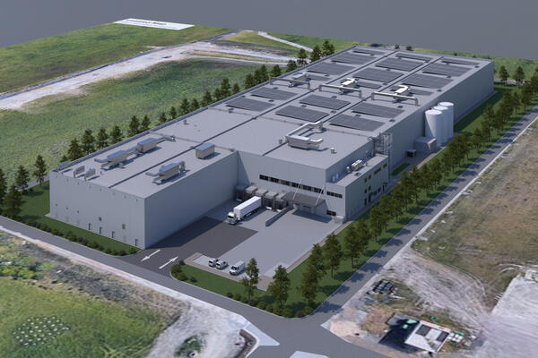Drei Fußballfelder groß: das neue Lager am Standort Bergkamen für die pharmazeutische Wirkstoffproduktion von Bayer als Simulation. 