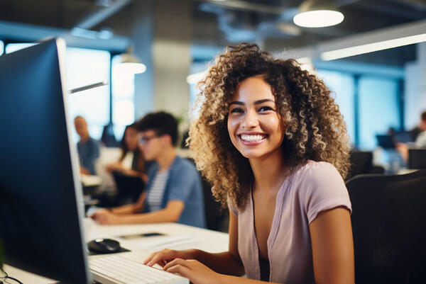 Smiling woman at a modern office, using state-of-the-art softwar