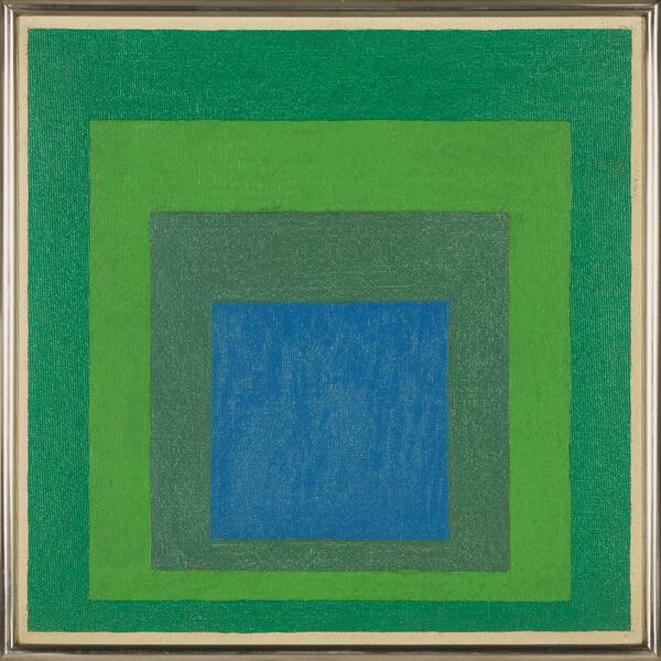 Josef Albers, Blue Center Within Three Greens, 1957, Öl auf Lei