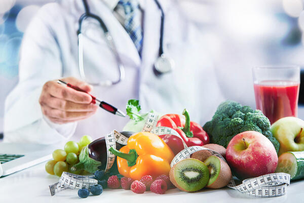 Modern doctor or pharmacy agent contact for healthy food and diet